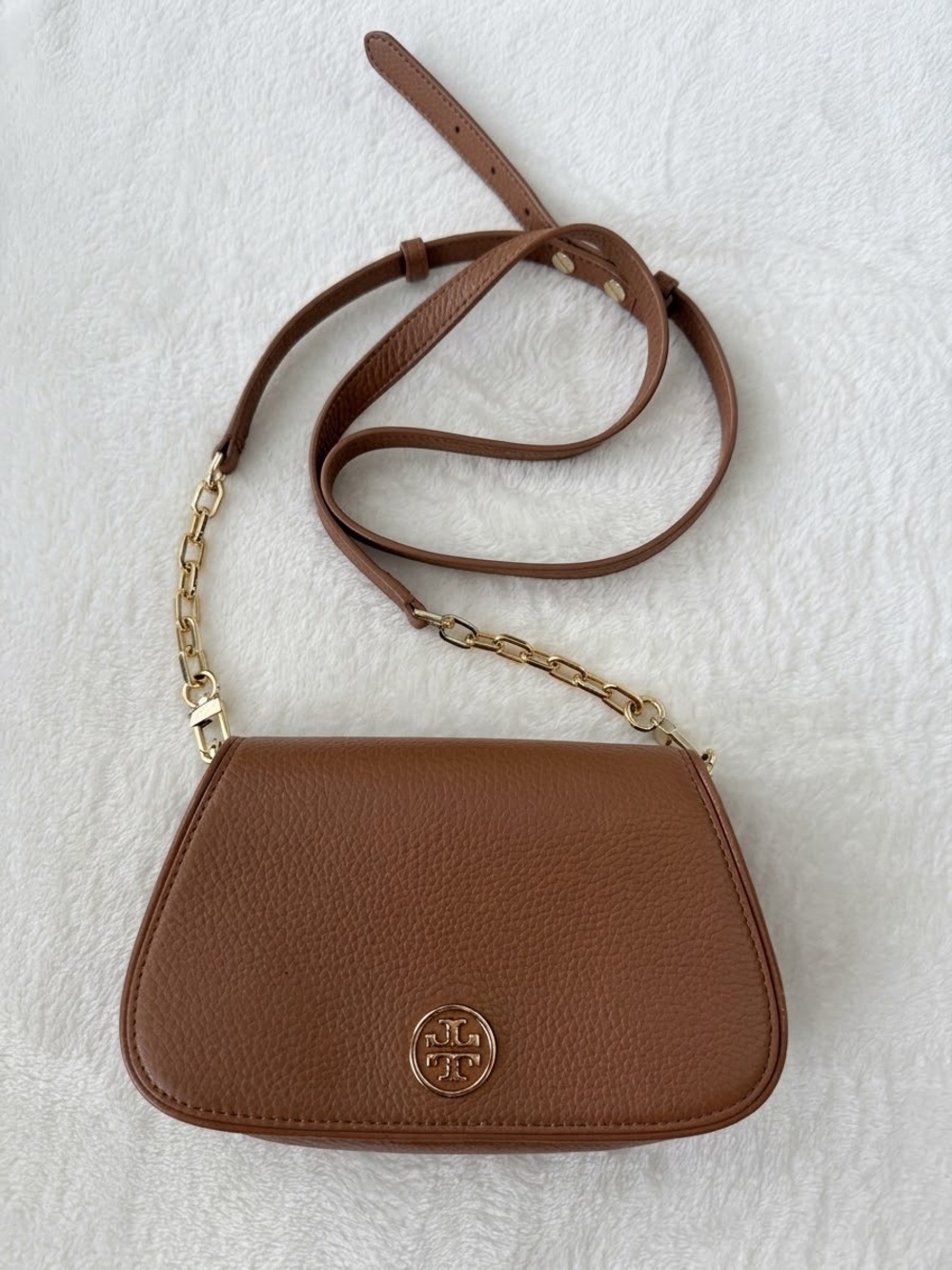 Tory Burch Chestnut Pebbled Leather Crossbody with Gold Hardware